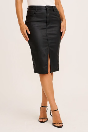 LASTING MIDI SKIRT IN BLACK LEATHERETTE
